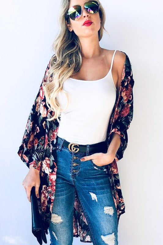 ROSE FLORAL PRINT KIMONO