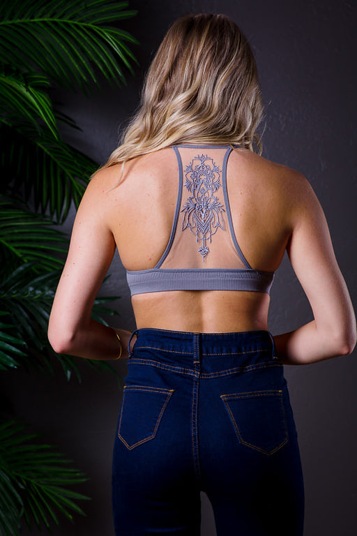 TATTOO MESH RACERBACK BRALETTE GREY